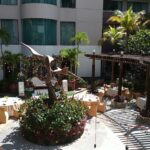 an open-air pool & a bar.