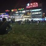 this landmark square is a popular gathering spot with food stalls.