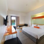 an outdoor pool & a playground.