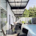 an outdoor pool & a ballroom.