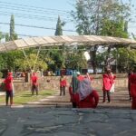 Manicured urban park with a children's playground