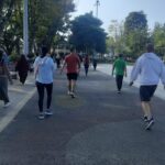 Urban park with grassy areas