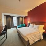 in a polished hotel offering dining